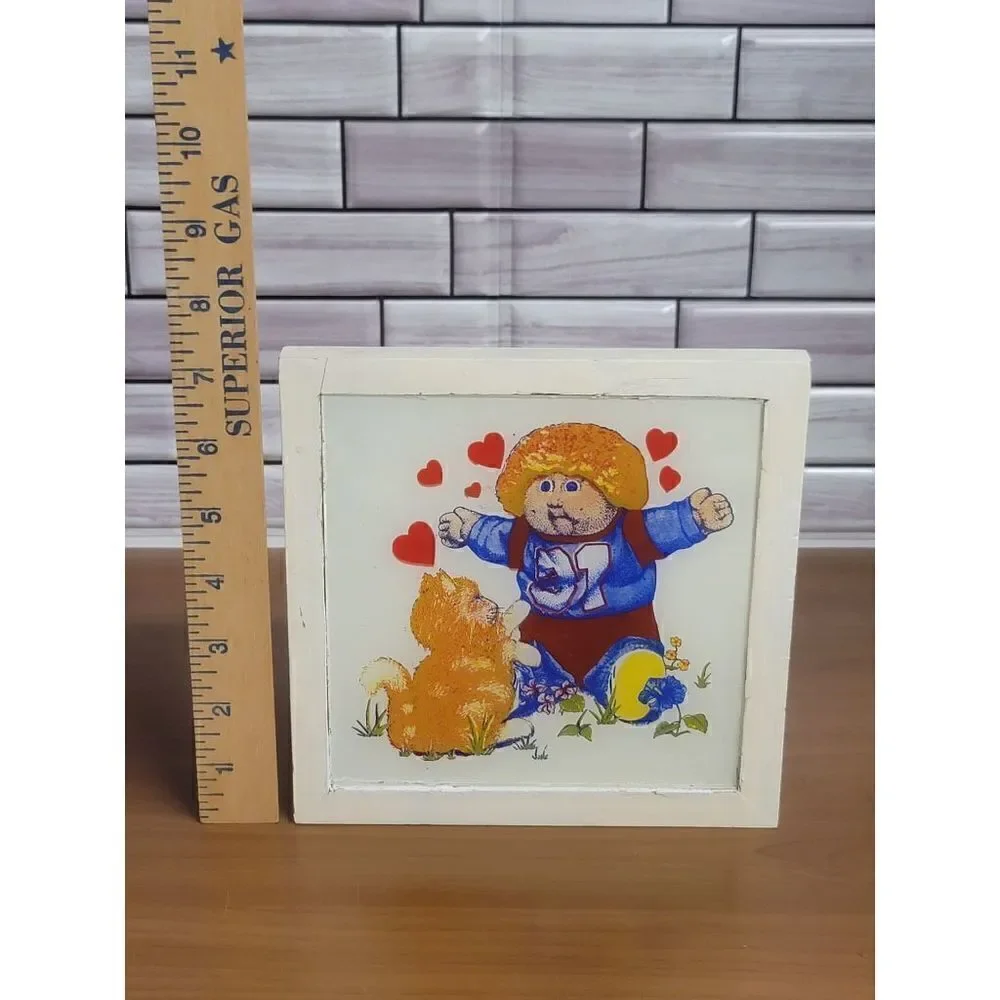 Vintage GLASS Cabbage Patch Doll Picture Cat & Hearts Rare
